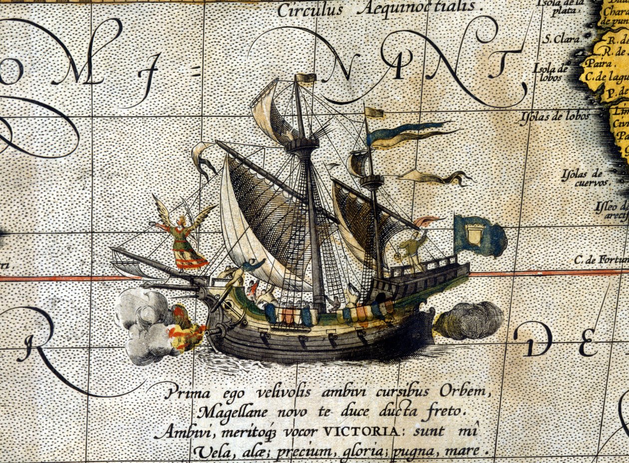 Magellans Schiff "Victoria", das den Pazifik durchquerte, dargestellt im niederländischen Atlas von Abraham Ortelius (1580) von Abraham Ortelius