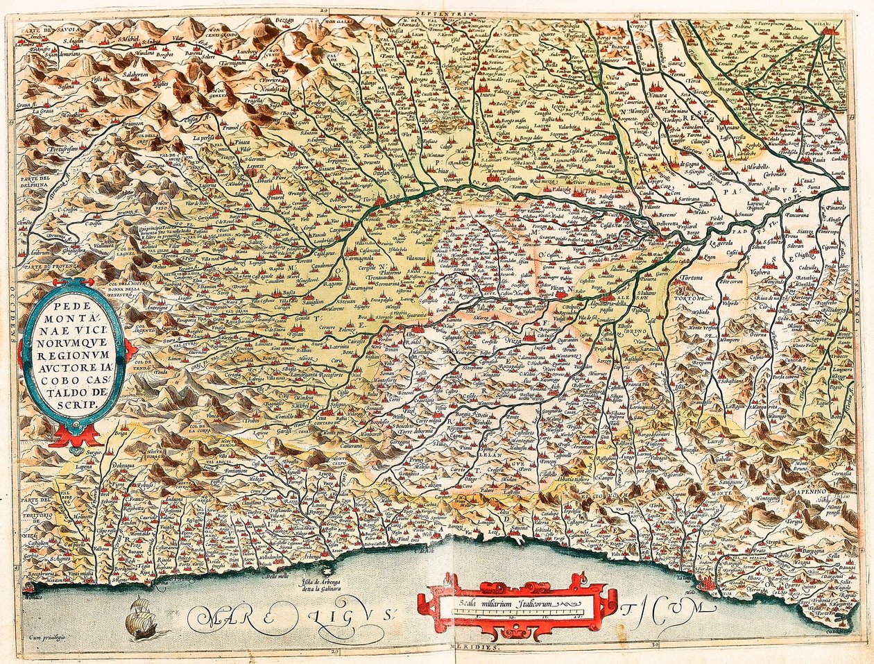 Pedemontanae Vicinorumque Regionum Auctore Iacobo Castaldo Descrip. Geographische Karte des Gebiets von Italien von Monaco in Frankreich bis Genua und durch die Provinzen Imperia de Savona und Genua aus „Theatrum Orbis Terrarum“ von Abraham Ortelius von Abraham Ortelius