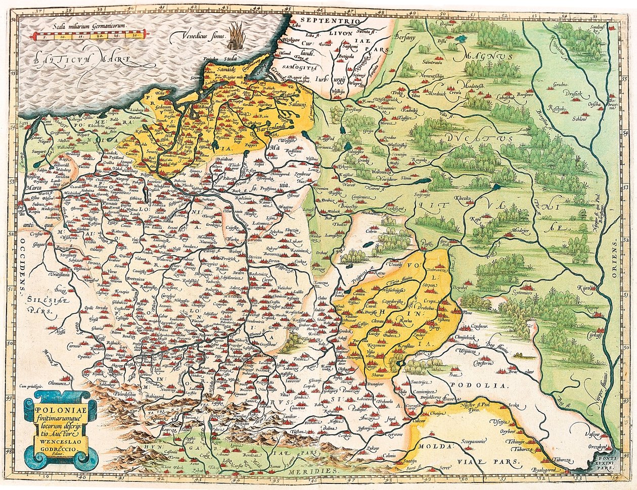 Poloniae finitimarumque locorum descriptio. Geographische Karte von Polen aus „Theatrum Orbis Terrarum“ von Abraham Ortelius (Oertel, Ortell oder Ortel) von Abraham Ortelius