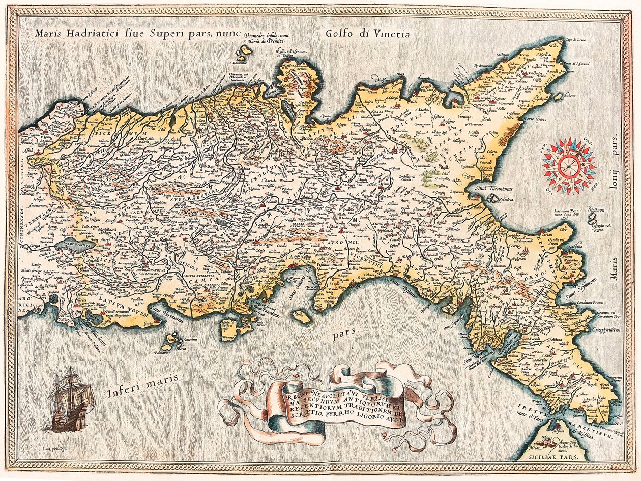 Regnii Neapolitani verissima secundum antiquorum et recentiorum traditionem descriptio, Pyrrho Ligorio auct. Geographische Karte des Territoriums des Königreichs Neapel in Italien aus „Theatrum Orbis Terrarum“ von Abraham Ortelius von Abraham Ortelius
