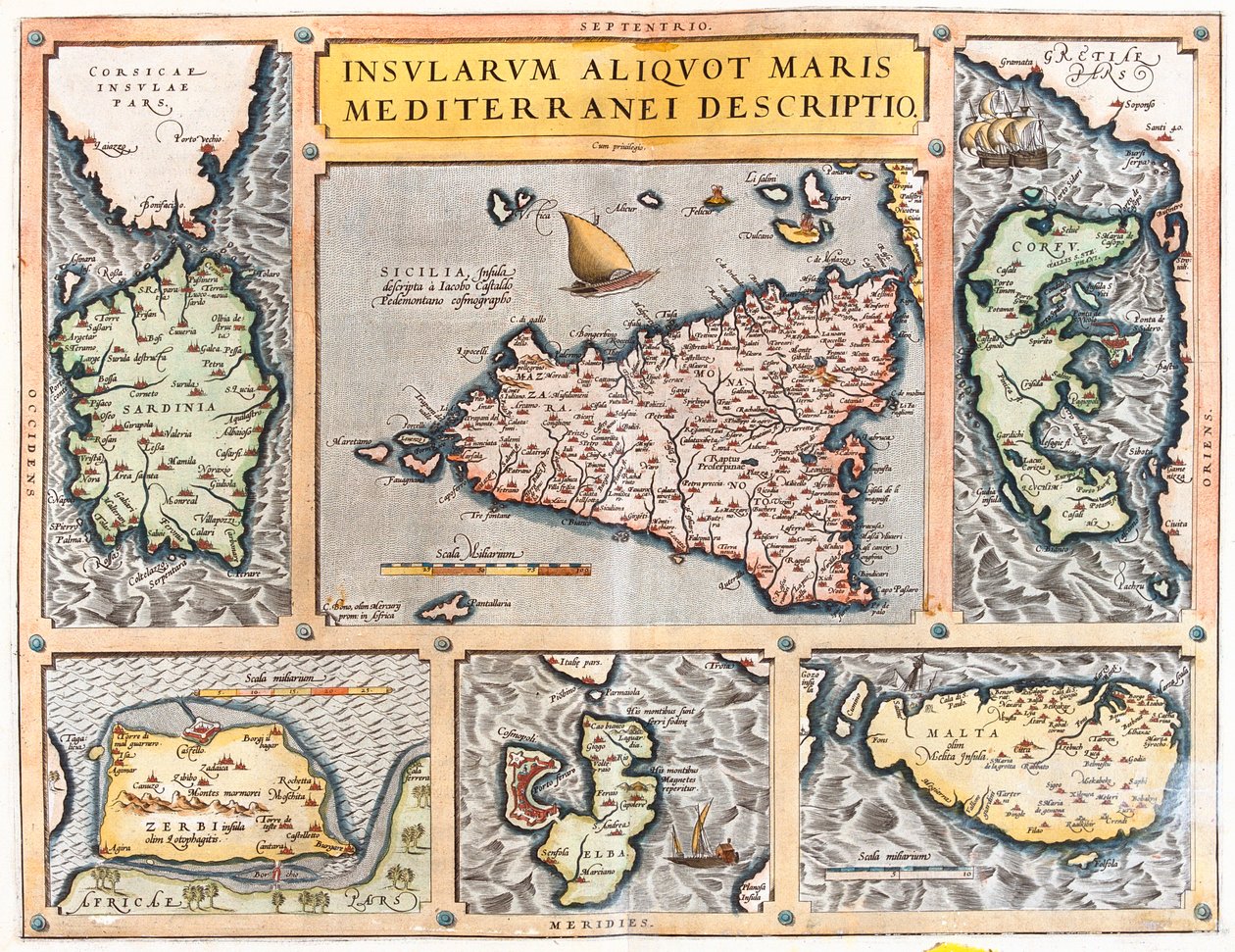Sardinien, Sizilien, Korfu, Djerba, Elba, Malta, Italien, Griechenland, Tunesien, Malta von Abraham Ortelius