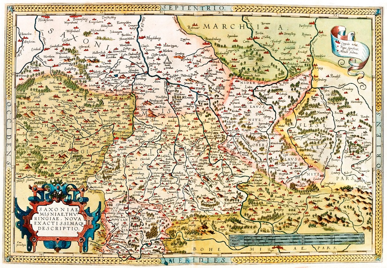 Saxoniae, Misniae, Thuringiae, Nova Accurssimaque Descriptio. Geographische Karte des Territoriums von Sachsen, Thüringen in Deutschland aus „Theatrum Orbis Terrarum“ von Abraham Ortelius von Abraham Ortelius