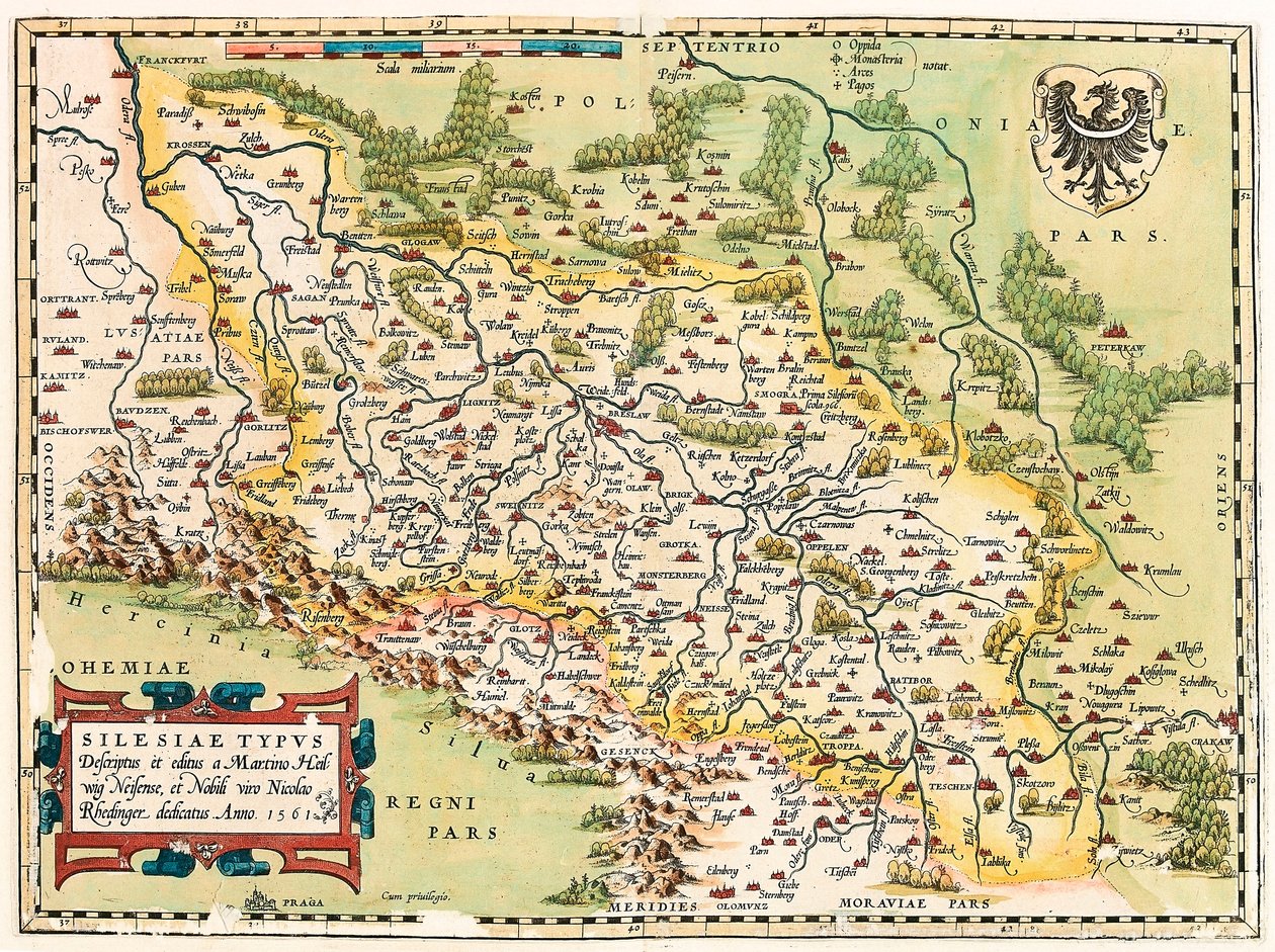 Silesia Typus Descriptio und Descriptus et editus Martino Heilwid Neilsense, und Nobili viro Nicolao Rhedinger dedicatus Anno 1561. Geographische Karte des Gebiets südlich von Frankfurt in Deutschland nahe Polen aus „Theatrum Orbis Terrarum“ von Abraham Or von Abraham Ortelius