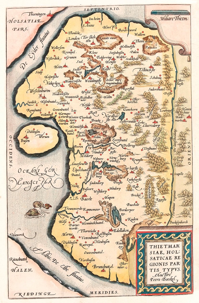 Thietmarsiae, Holsaticae regionis partes typus Geographische Karte von Norddeutschland mit der Stadt Kuden aus „Theatrum Orbis Terrarum“ von Abraham Ortelius von Abraham Ortelius