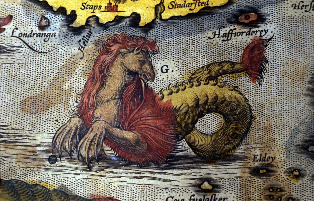 Darstellung eines Meeresmonsters halb Pferd, halb Seeschlange. Platte aus einer Ausgabe von „Theatrum Orbis Terrarum“ des Kartographen Abraham Ortelius (1527-1598) von Abraham Ortelius