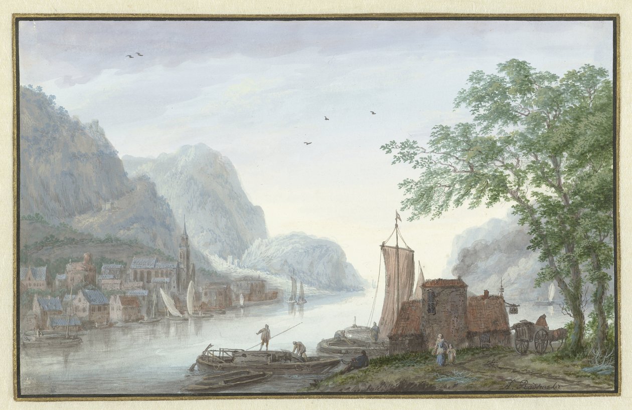 Bergige Landschaft mit Blick auf ein Dorf an einem Fluss von Abraham Rademaker