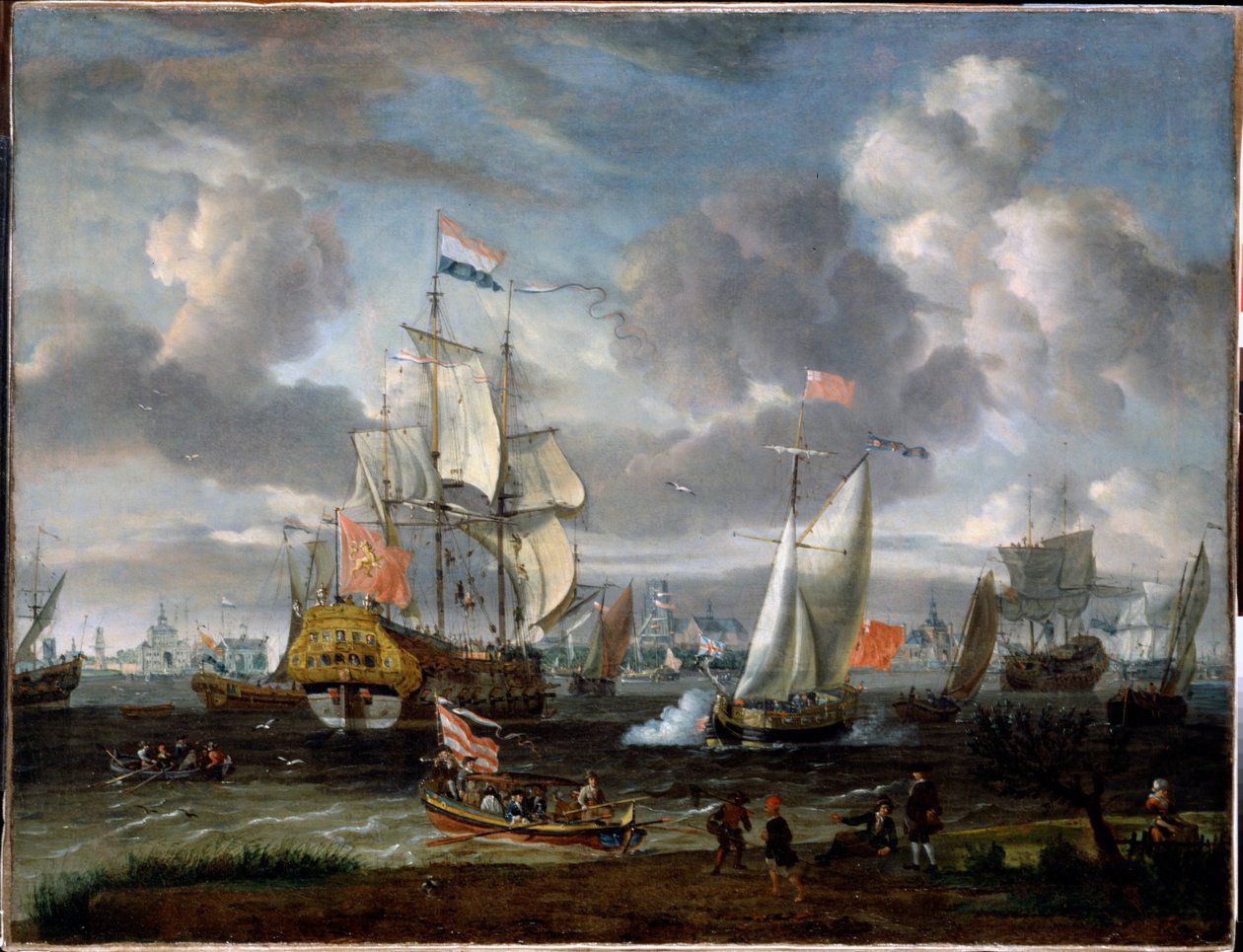 Eine englische Yacht salutiert ein niederländisches Kriegsschiff im Hafen von Rotterdam von Abraham Storck