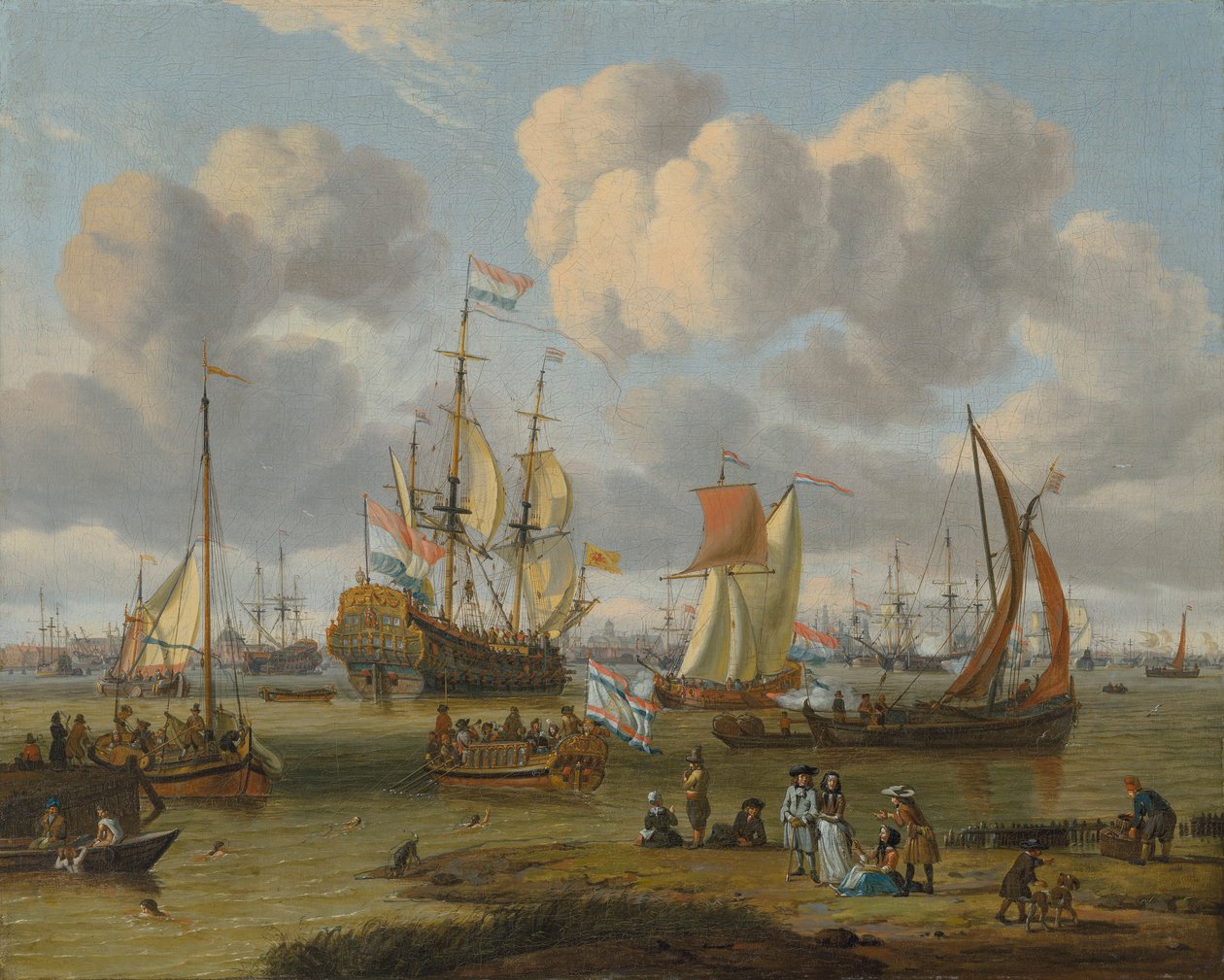 Schiffe vor Amsterdam mit Figuren auf einem Kai von Abraham Storck