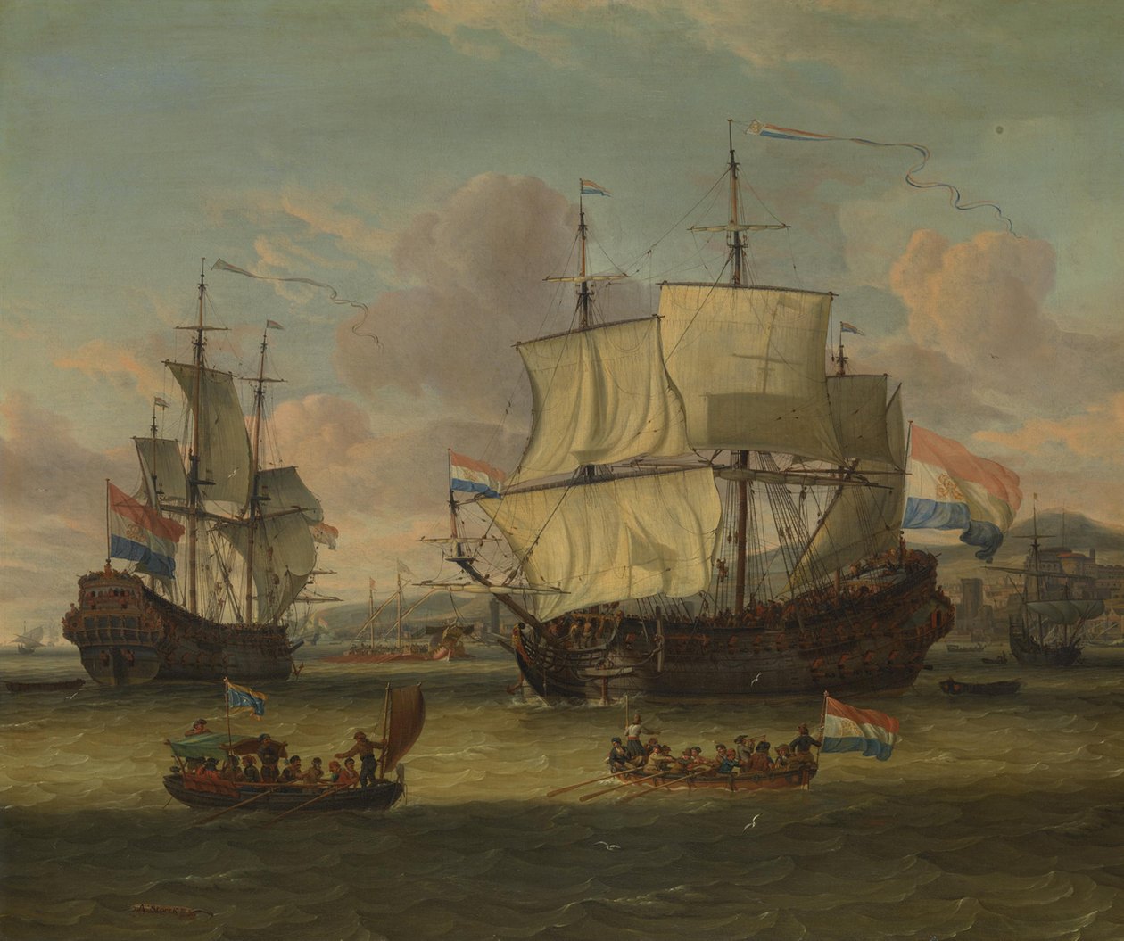 Holländische Straßenfahrer bei einem Hafen am Mittelmeer von Abraham Storck