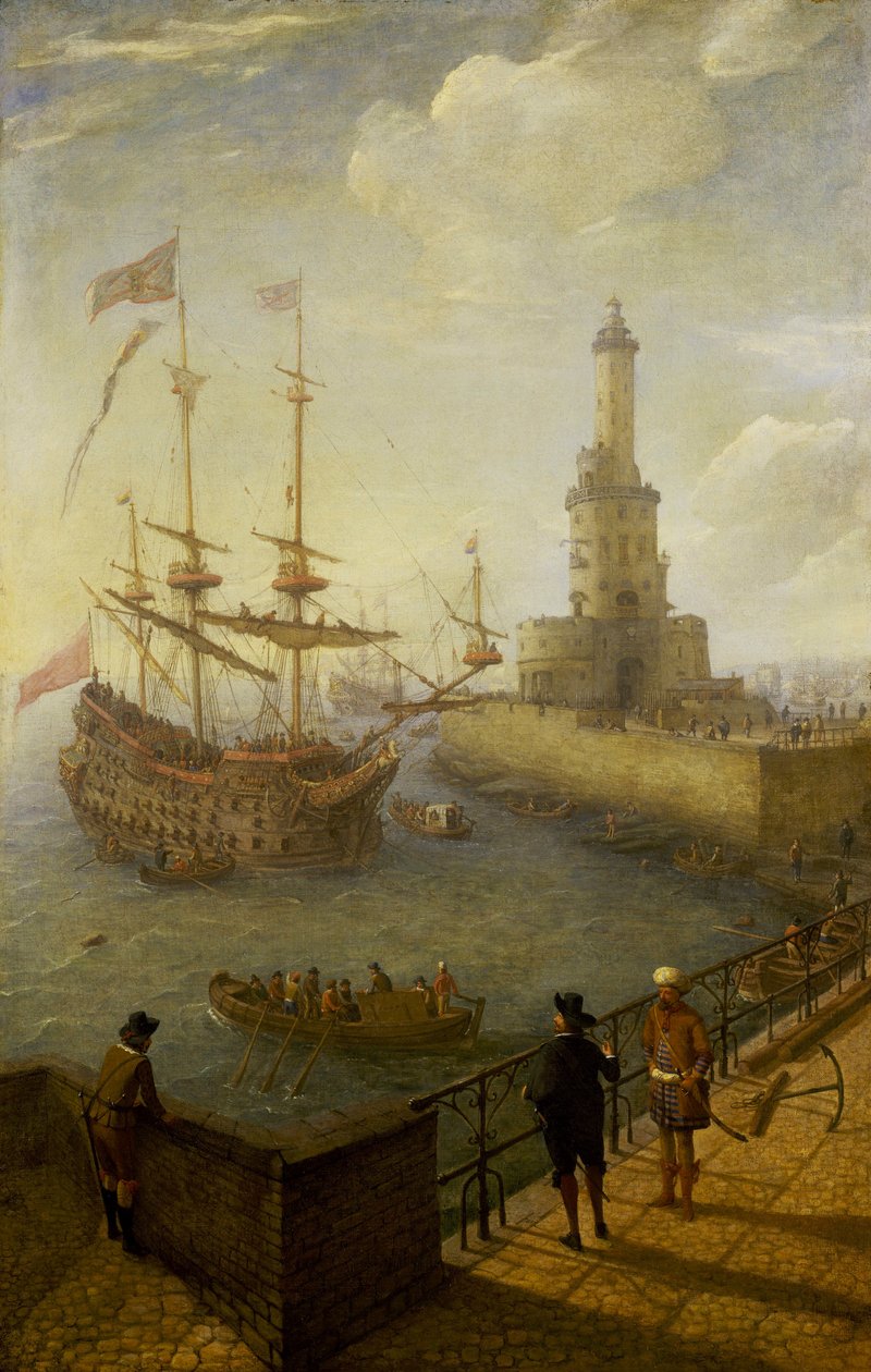 Ein spanisches Dreimastschiff vor der Küste von Neapel (Italien), gesehen von einem gepflasterten Pier in der Stadt, in Richtung Leuchtturm und Gebäude des Mittelmeerhafens von Abraham Willaerts
