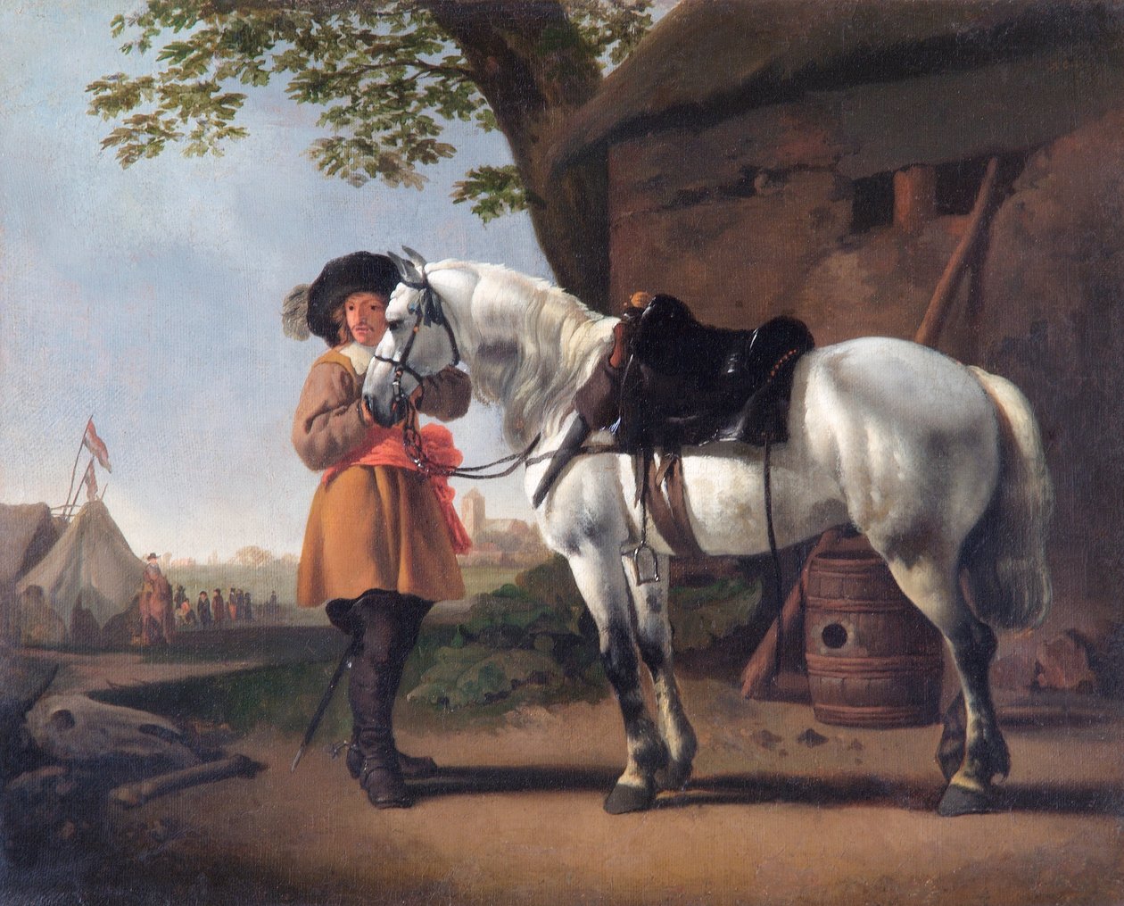 Ein Kavalier mit einem grauen Pferd von Abraham van Calraet