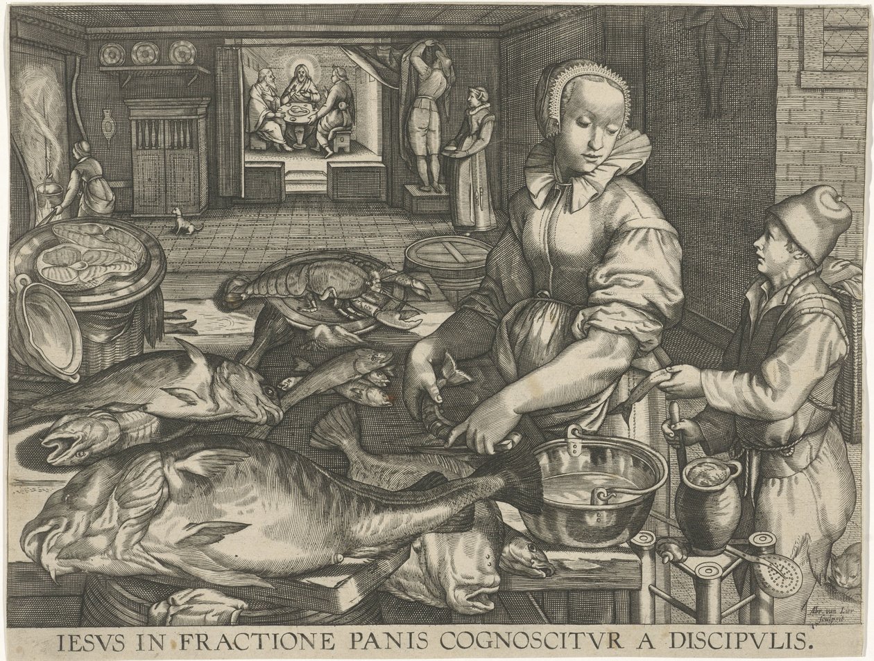 Küchenstück mit Frau, die Fisch säubert von Abraham van Lier