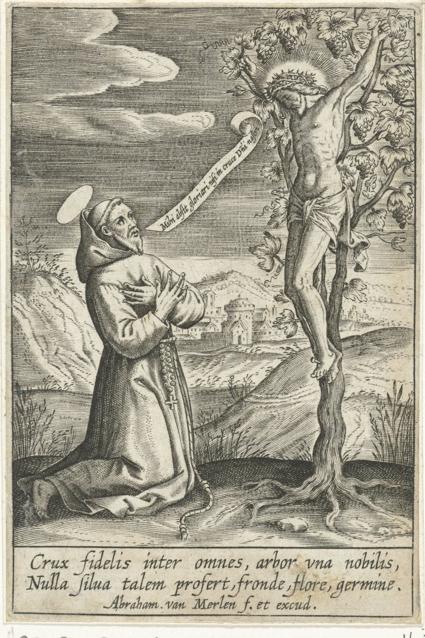 Kniender Heiliger vor Christus am Kreuz von Abraham van Merlen
