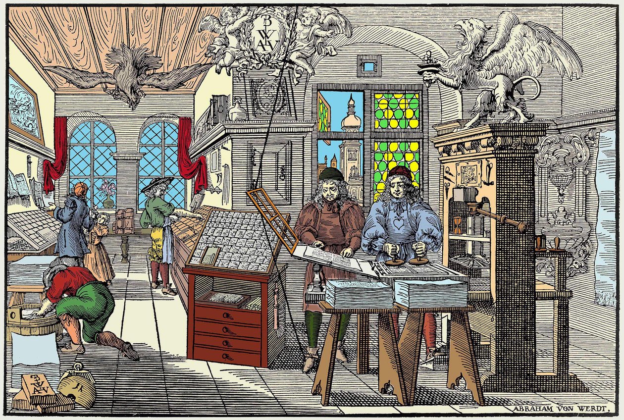 Innenansicht einer Druckerei in Nürnberg, Deutschland: Arbeiter bei der Arbeit, Anfang des 17. Jahrhunderts - graviert von Abraham van Werdt von Abraham van Werdt