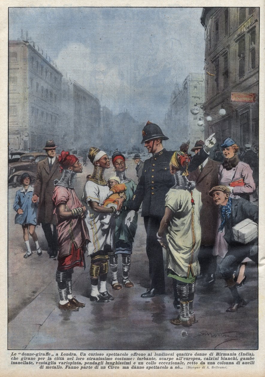 Eine Gruppe von Frauen-Giraffen aus Burma fragt einen englischen Polizisten in London nach dem Weg, sie sind mit Turban, Tunika, Ringen um Hals und Beine gekleidet. Illustration von Achille Beltrame in 