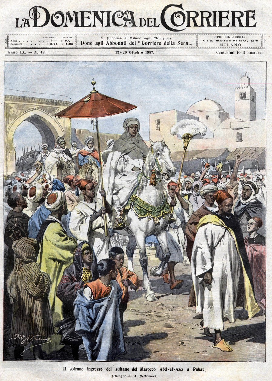 Abd al-Aziz (al-Hasan Mohamed al-Hasani al-Alaoui) betritt Rabat in Marokko im Oktober 1907 von Achille Beltrame
