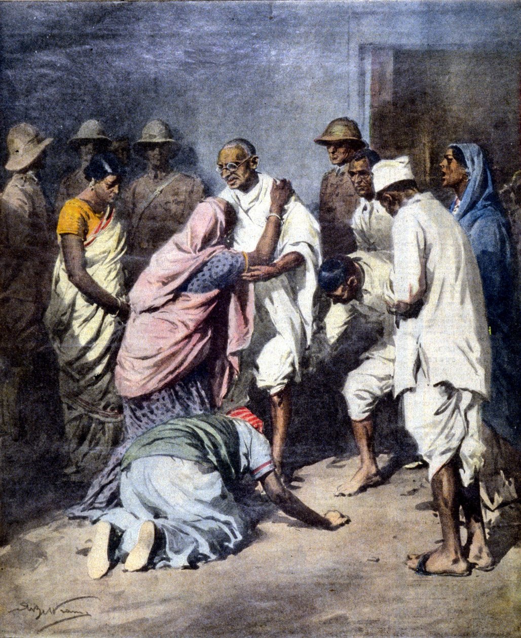 Verhaftung von Mahatma Gandhi (1869 - 1948). Ill. von Achille Beltrame. La Domenica del Corriere. 1932 von Achille Beltrame