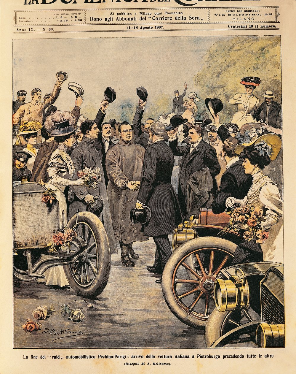 Ankunft in Sankt Petersburg des italienischen Siegerautos (Itala 35/45 HP gefahren von Scipione Borghese und Ettore Guizzardi), Ende des Paris-Peking Autorennens, Illustration von Achille Beltrame aus La Domenica del Corriere, 11.-18. August von Achille Beltrame