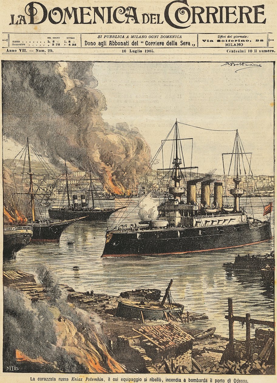 Schlachtschiff Potemkin bombardiert Odessa, von Achille Beltrame, Illustration, Illustrator Achille Beltrame, aus La Domenica del Corriere von Achille Beltrame