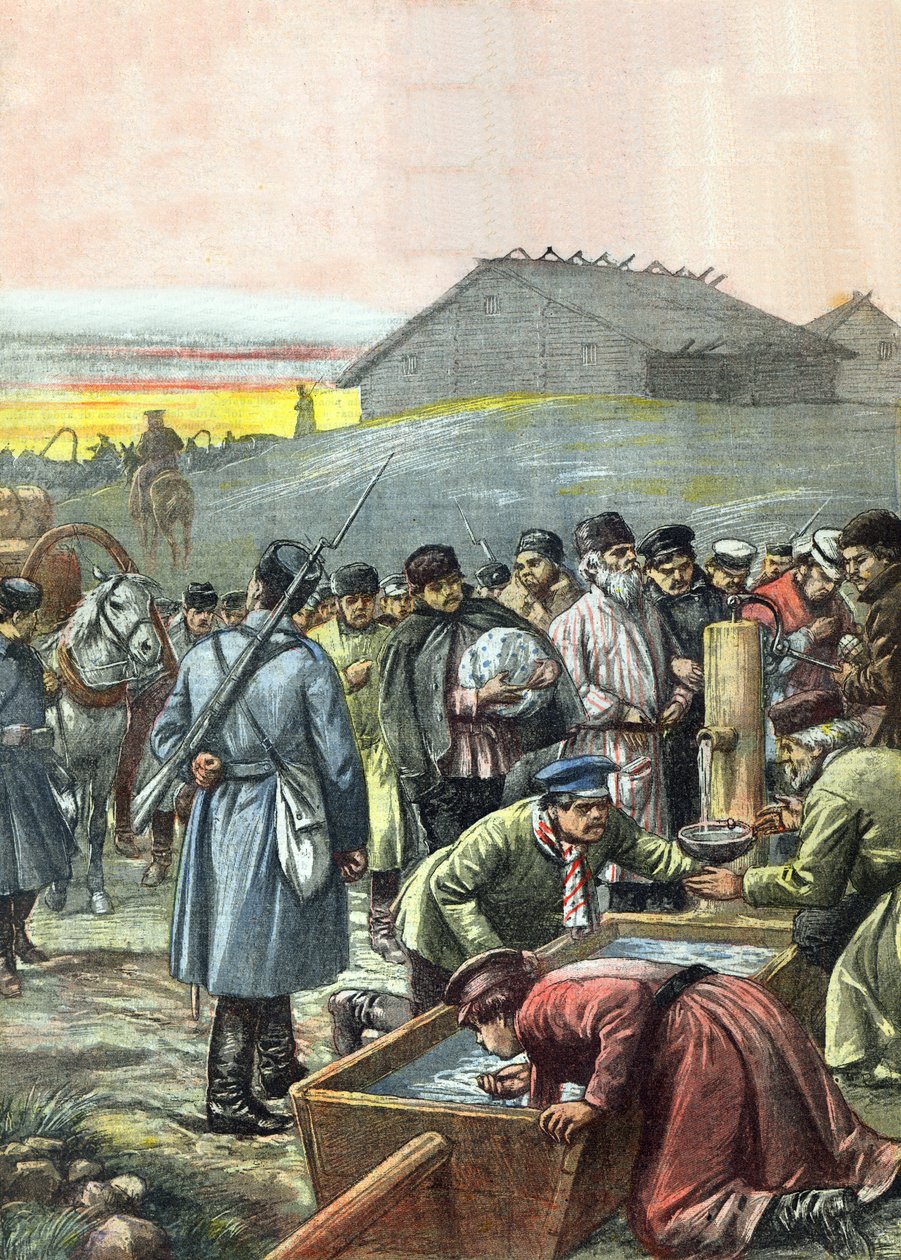 Konvoi deportierter russischer politischer Gefangener auf dem Weg ins Exil nach Sibirien, Illustration aus der Zeitschrift 