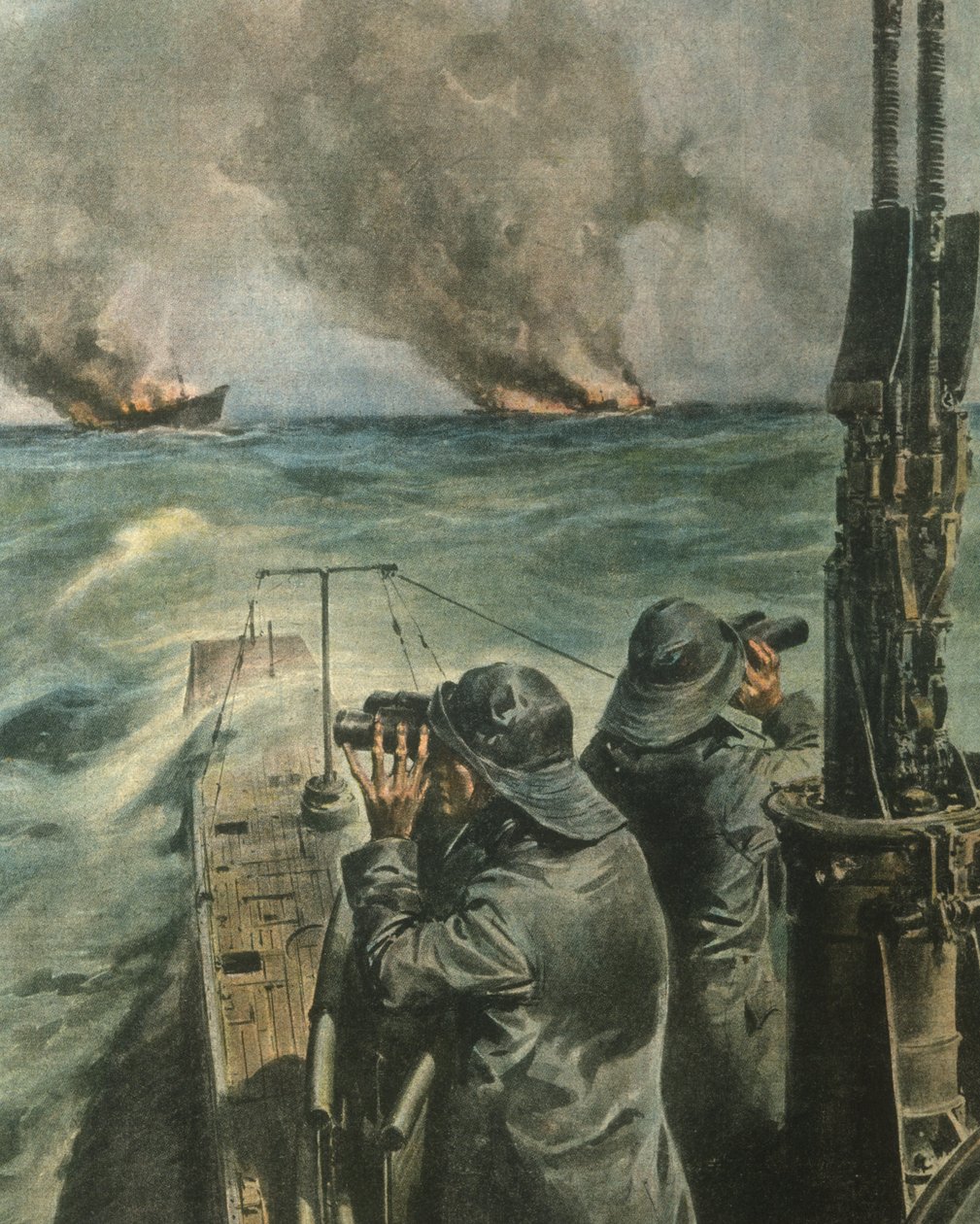 Titelillustration von anglo-amerikanischen Dampfschiffen, die vor der Küste Westafrikas während des Zweiten Weltkriegs torpediert werden von Achille Beltrame
