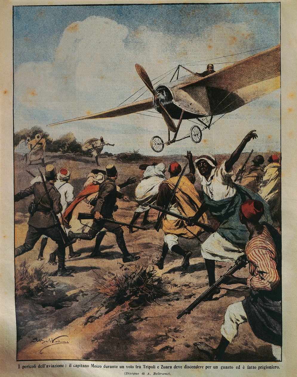 Titelillustration von Captain Moizo bei einem Absturzversuch während der Afrikakampagne, von Achille Beltrame (1871-1945), aus La Domenica del Corriere, 22. September 1912 von Achille Beltrame