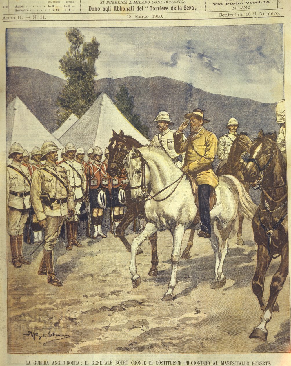 Titelillustration von General Cronje, der sich Marschall Roberts während der Anglo-Zulu- und Anglo-Burenkriege von 1850-1902 ergibt von Achille Beltrame