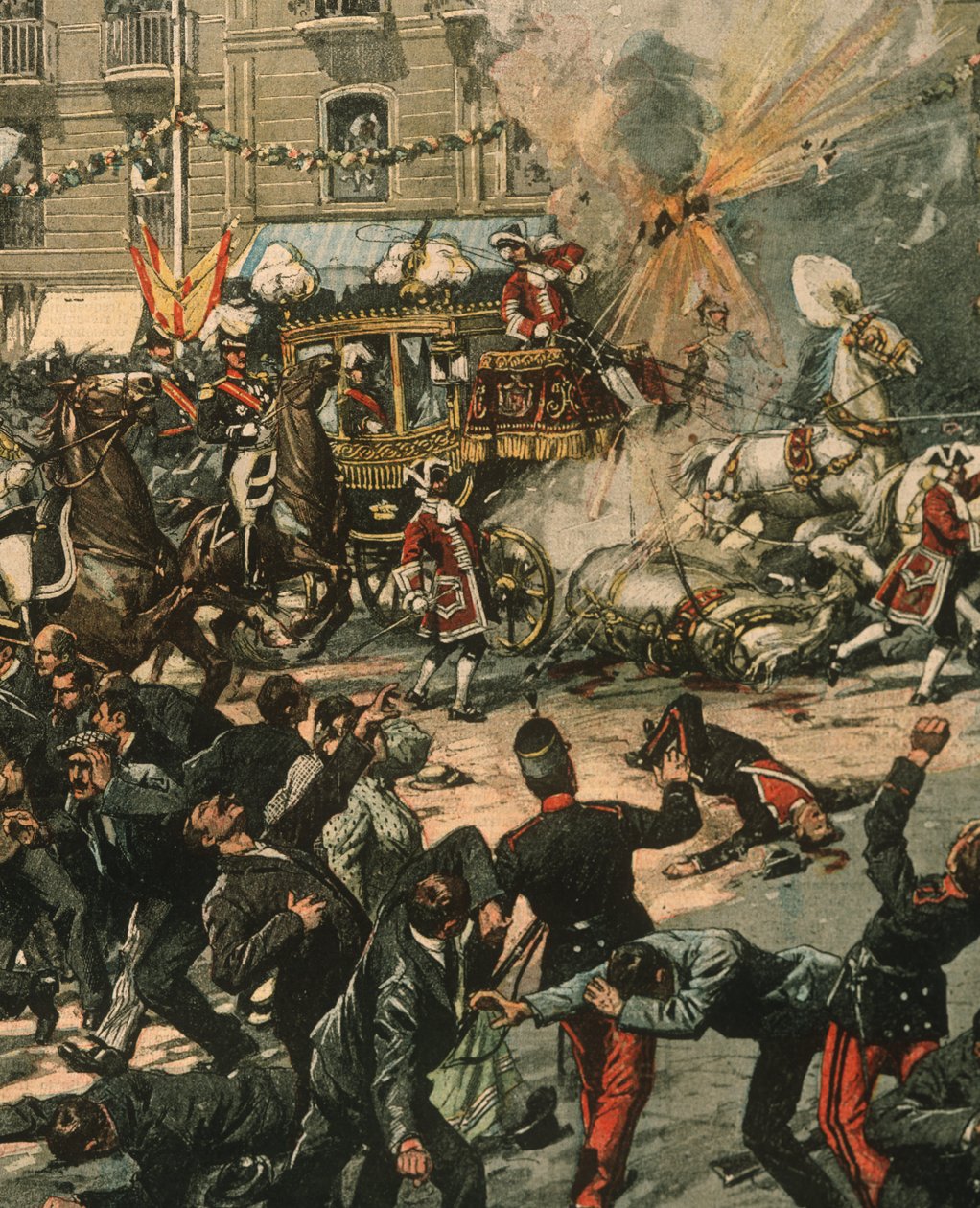 Titelbild des Attentatsversuchs auf König Alfons XIII. an seinem Hochzeitstag, 31. Mai 1906, Madrid, Spanien von Achille Beltrame
