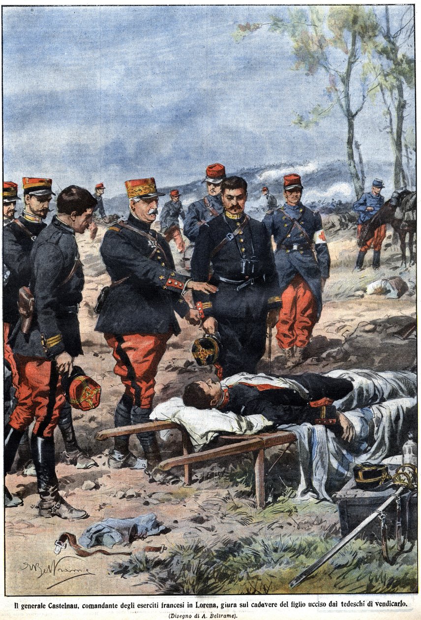 Episode des Krieges von 1914: General Noel Edouard de Curieres de Castelnau (1851-1944), Kommandant der französischen Armee in Lothringen, schwört am Leichnam seines toten Sohnes, ihn zu rächen. Illustration von Achille Beltrame in „La Domenica del Corrier von Achille Beltrame