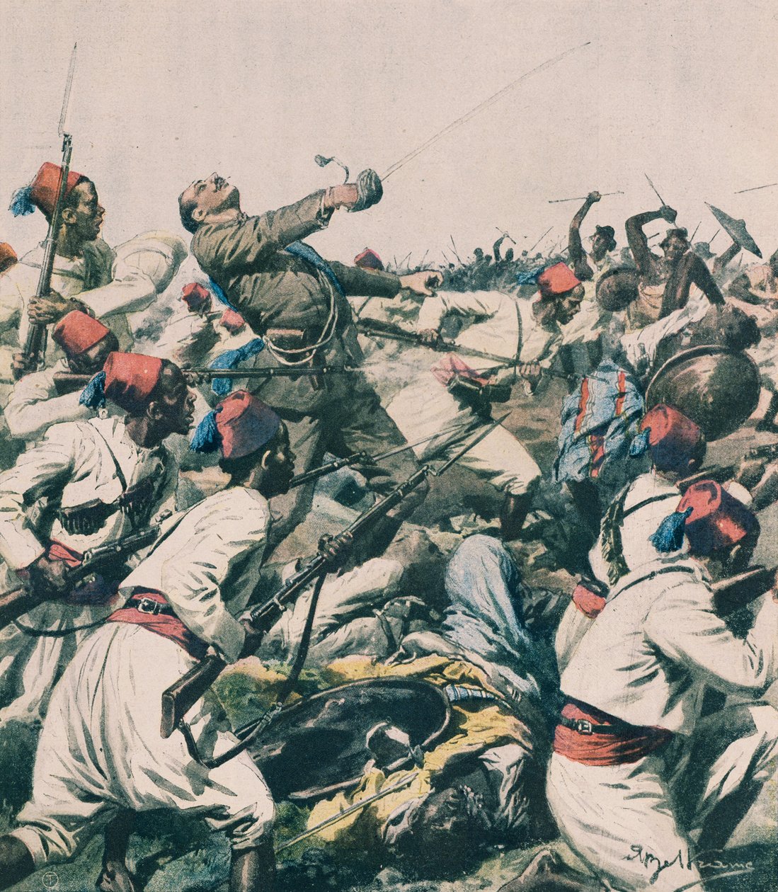 Äthiopischer Angriff auf die Garnison von Lugh und Tötung von Hauptmann Bongiovanni, von Achille Beltrame, Illustration, Achille Beltrame (1871-1945), aus La Domenica del Corriere von Achille Beltrame