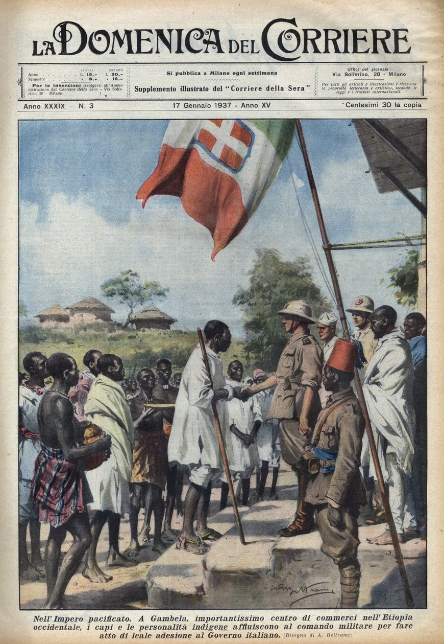 Faschismus 1937: Treffen in Gambela, dem Handelszentrum des äthiopischen Reiches, von einheimischen Häuptlingen und Persönlichkeiten, um einen Akt der Zugehörigkeit zur italienischen Regierung zu machen. Illustration von Achille Beltrame in „La domenica de von Achille Beltrame