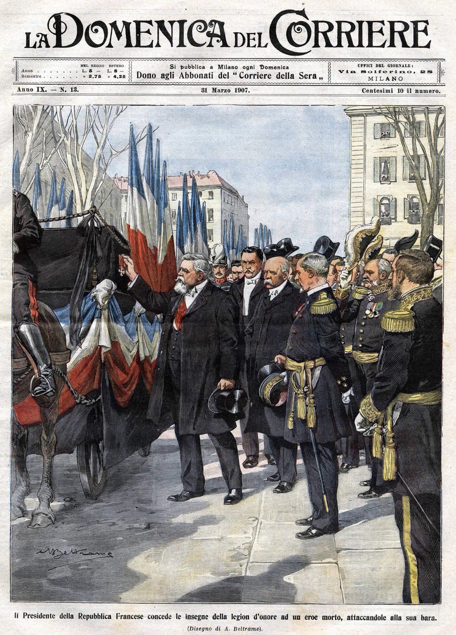 Französischer Präsident Armand Fallieres verleiht die Ehrenlegion-Medaille, Ill. von Beltrame, La Domenica del Corriere, 31.03.1907 von Achille Beltrame