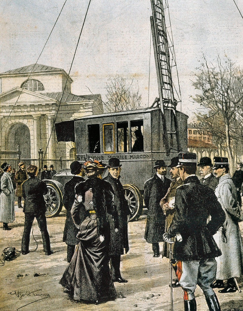 Guglielmo Marconi beobachtet in Mailand den Test der ersten mobilen Radiostation. Illustration von Achille Beltrame für „Domenica del Corriere“ (1906). Gravur von Achille Beltrame