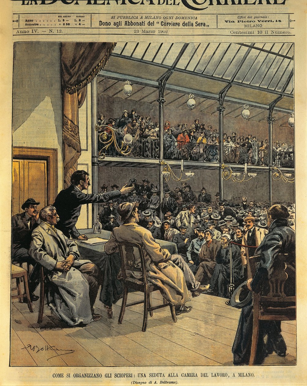 Wie man Streiks organisiert, Sitzung der Arbeiterkammer in Mailand (Illustration) von Achille Beltrame