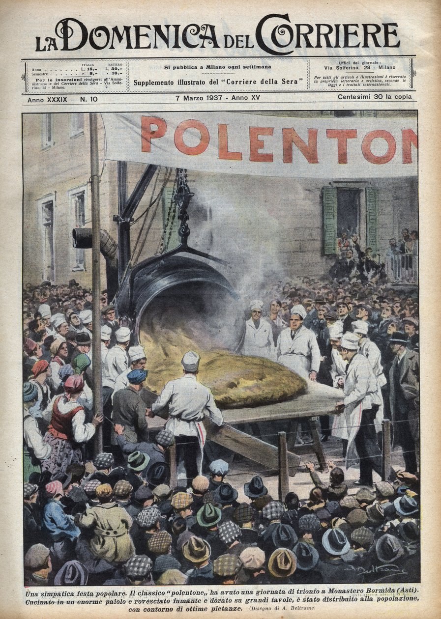 Italienisches Volksfest: Riesige Polenta (polentone) in einer Stadt in der Nähe von Asti in Venetien. Illustration von Achille Beltrame in 