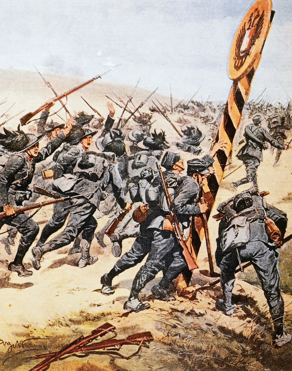 Italienische Soldaten überqueren die österreichische Grenze, Illustration von Achille Beltrame, Juni 1915 von Achille Beltrame