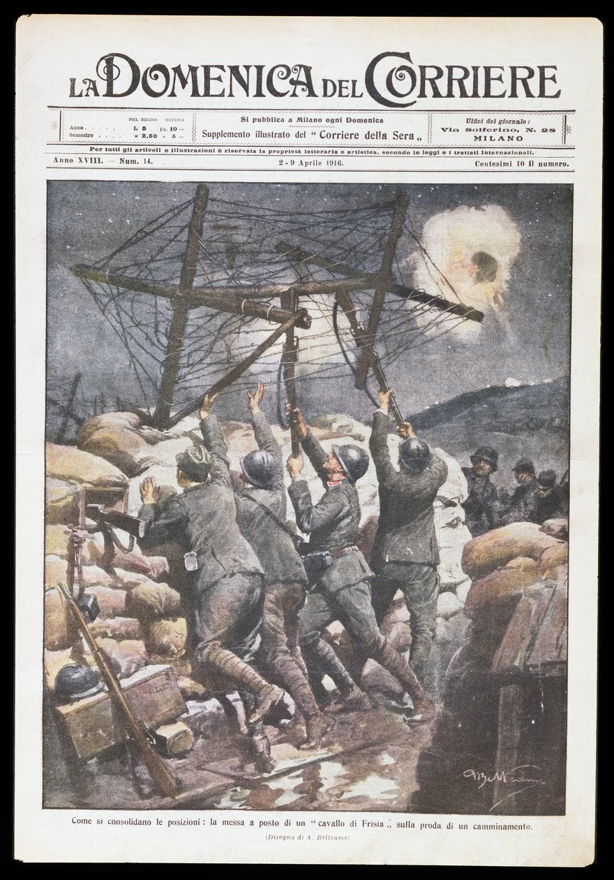 Italienische Soldaten setzen Friesenpferd in den Graben, Platte von Achille Beltrame für Domenica del Corriere, 2-9 April 1916, Erster Weltkrieg, Italien, 20. Jahrhundert von Achille Beltrame