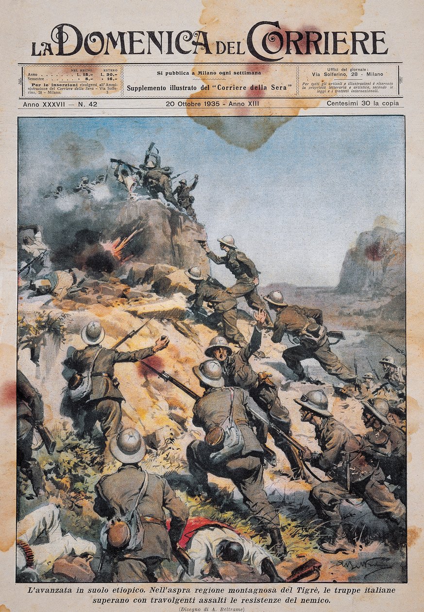 Italienische Truppen marschieren auf äthiopischem Boden, Illustration aus La Domenica del Corriere, 20. Oktober von Achille Beltrame