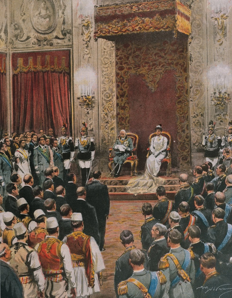 König von Italien, Vittorio Emanuele III. von Savoyen, wird zum König der Albaner gekrönt, von Achille Beltrame, Illustration, Illustrator Achille Beltrame, aus La Domenica del Corriere von Achille Beltrame