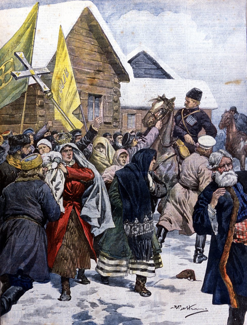 Der Aberglaube in Russland: Die Polizei versucht, die Sekte der neuen Christen zu zerstreuen. Illustration von Beltrame. La Domenica del corriere. 1901. von Achille Beltrame