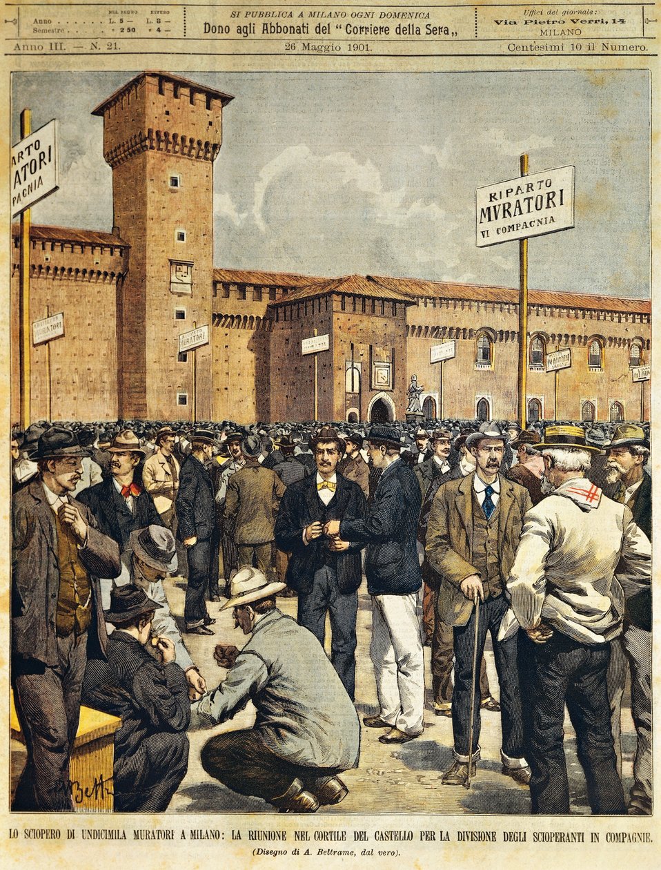 Großstreik der Bauarbeiter in Mailand: Öffentliche Versammlung im großen Innenhof des Sforza-Schlosses von Achille Beltrame