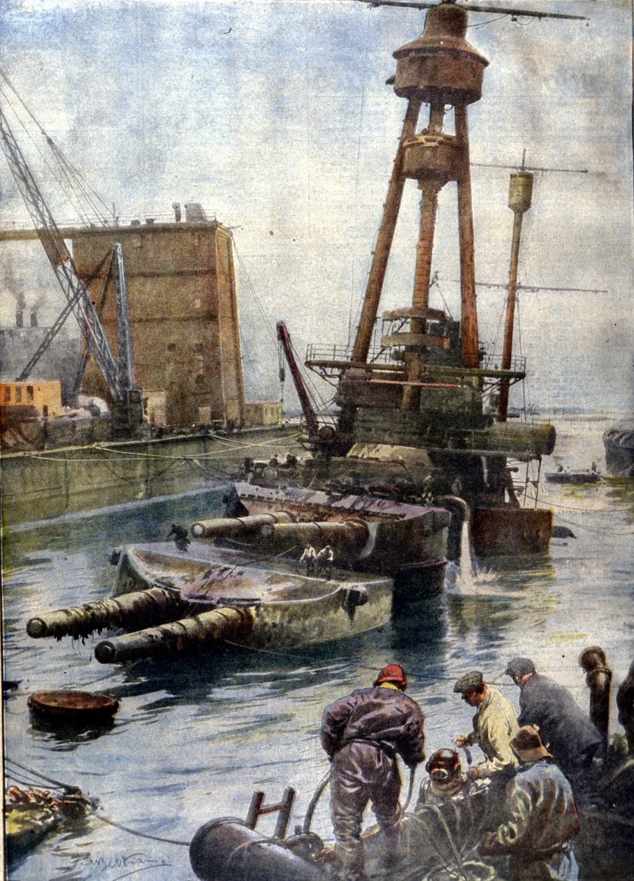 Das deutsche Schlachtschiff Hindenburg, das in Scapa Flow in Schottland gesunken ist, taucht nach 7 Jahren am Meeresgrund dank der englischen Flotte wieder auf (Illustration von Beltrame, La Domenica del Corriere) von Achille Beltrame