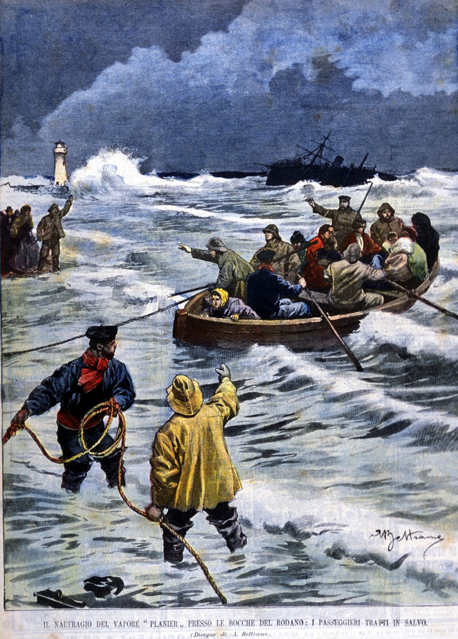 Der Untergang des Dampfschiffs Planier in der Nähe der Mündung der Rhône: Die Rettung bringt die Passagiere zurück (Illustration von Beltrame, La Domenica del Corriere, 1901) von Achille Beltrame