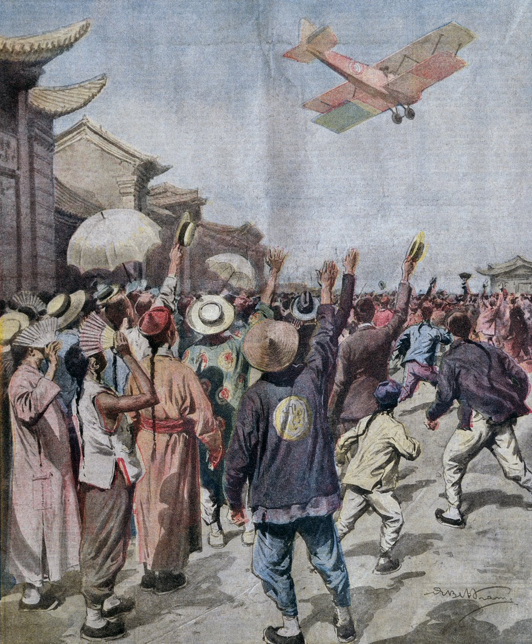 Leutnant Arturo Ferrarin, Teilnehmer am Rom-Tokio-Raid, erscheint über dem Himmel von Shanghai, Illustration von Achille Beltrame aus La Domenica del Corriere, 16. Mai von Achille Beltrame