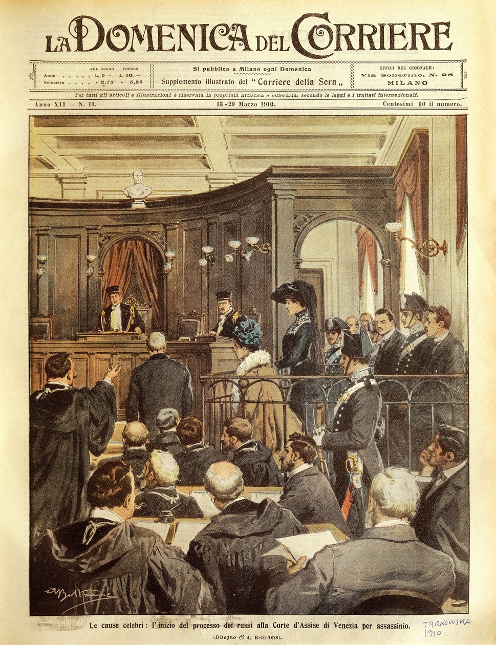 Maria Tarnowska vor Gericht in Venedig, von Achille Beltrame, Illustration, Illustrator Achille Beltrame (1871-1945), aus La Domenica del Corriere von Achille Beltrame