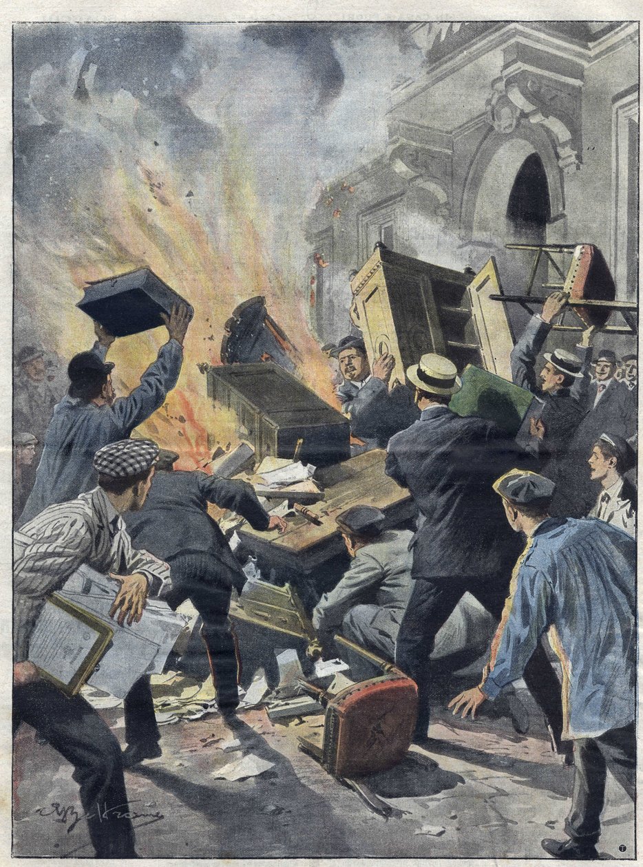 Weinkrise im Midi 1907: Winzer setzen das Rathaus von Beziers (Herault) in Brand. Illustration von Achille Beltrame aus dem Jahr 1907. von Achille Beltrame