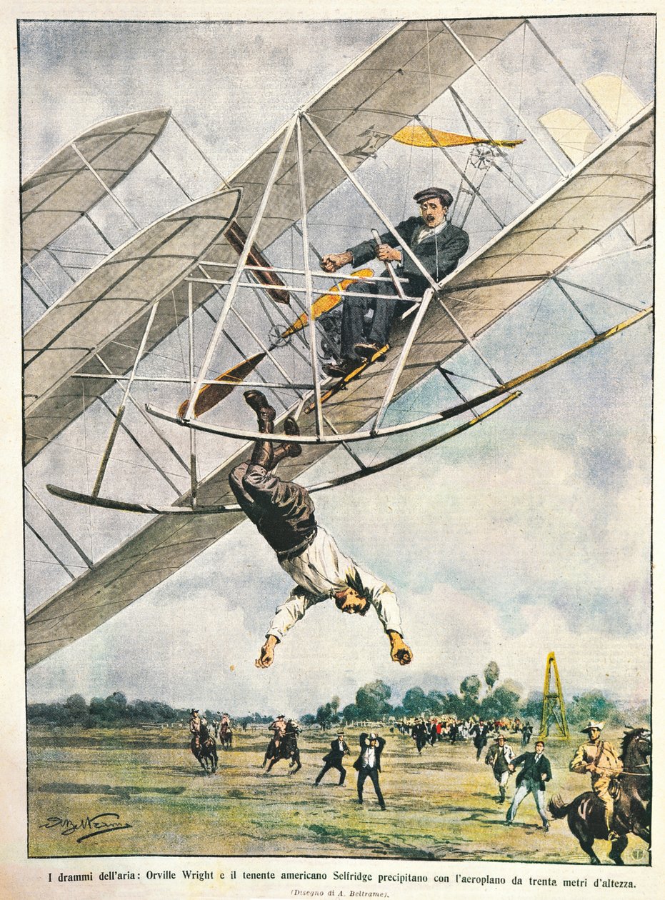 Orville Wright und Leutnant Seliridge stürzen mit Doppeldecker aus dreißig Metern, USA (Illustration) von Achille Beltrame