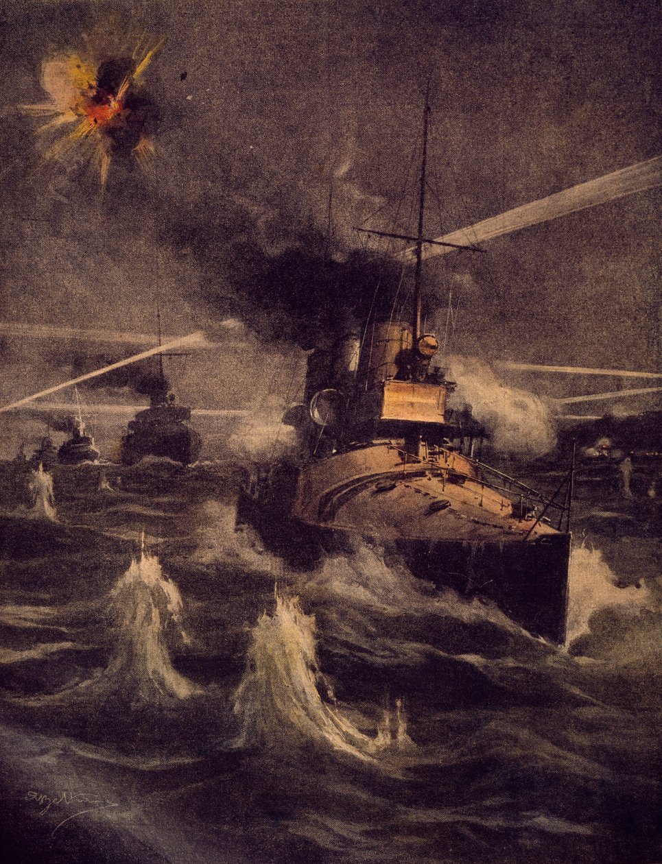 Unsere Torpedoboote wagen einen Vorstoß in die Dardanellen unter feindlichem Beschuss, Illustration von Achille Beltrame aus La Domenica del Corriere von Achille Beltrame