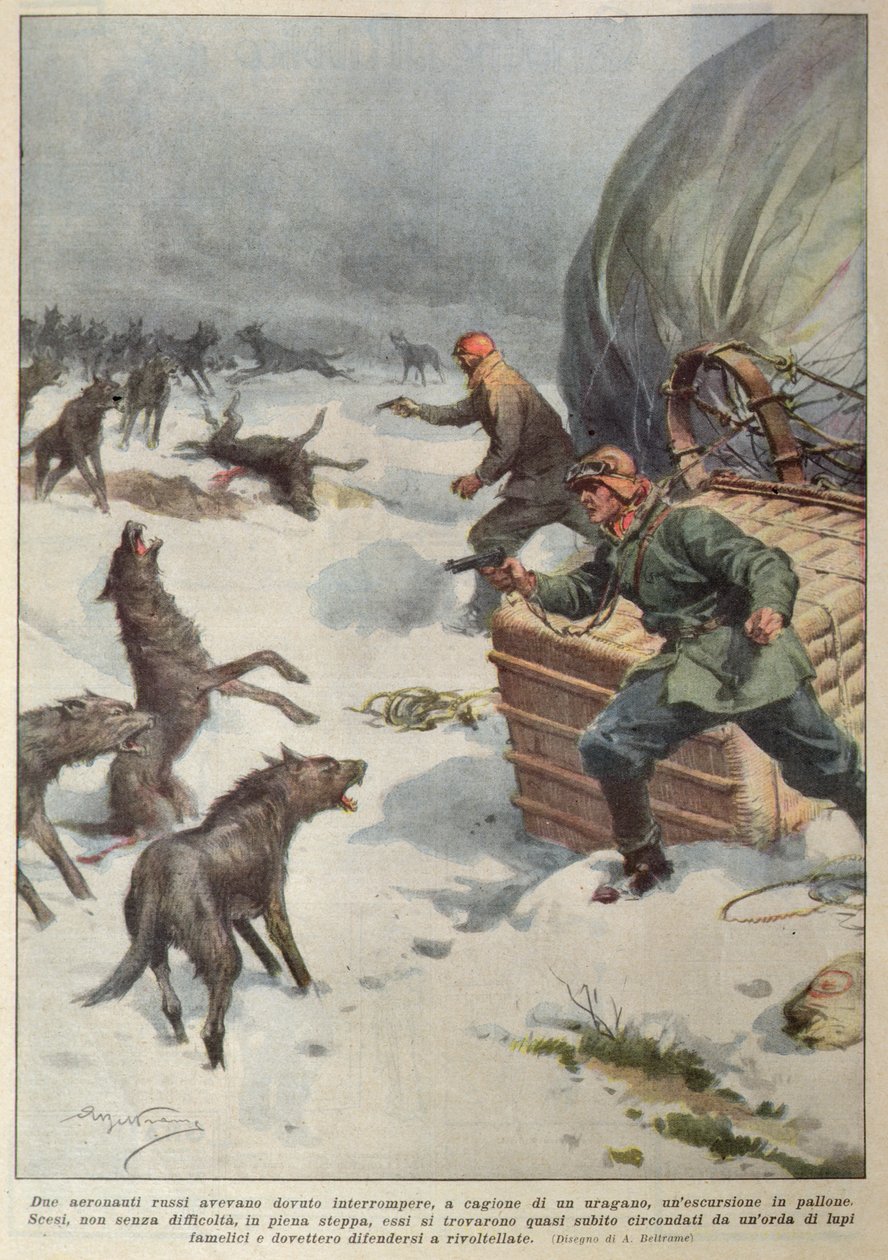 Rudel von Wölfen greifen die Besatzung eines gestrandeten russischen Heißluftballons an, Illustration aus 