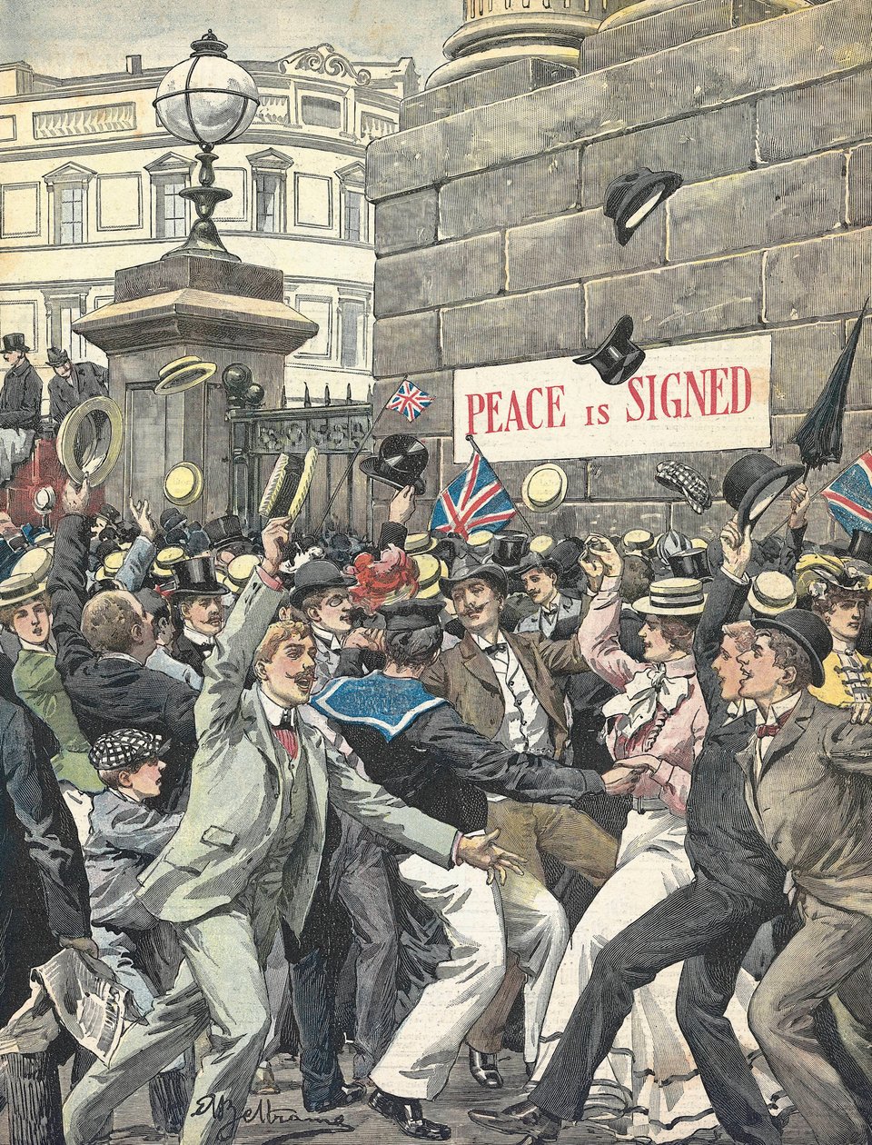 Zweiter Burenkrieg. Bekanntgabe des Kriegsendes auf den Straßen Londons. Illustration von Antonio Beltrame. „La Domenica del Corriere“ von Achille Beltrame